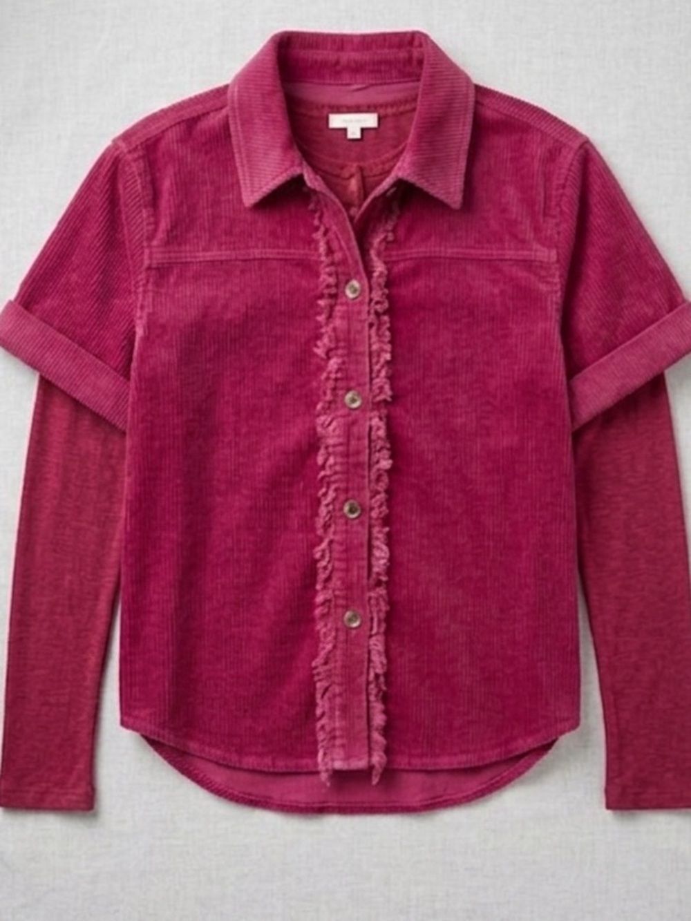 #200. Umgee Dusty Rose Corduroy Collared Button Down Unfinished Hem Jacket